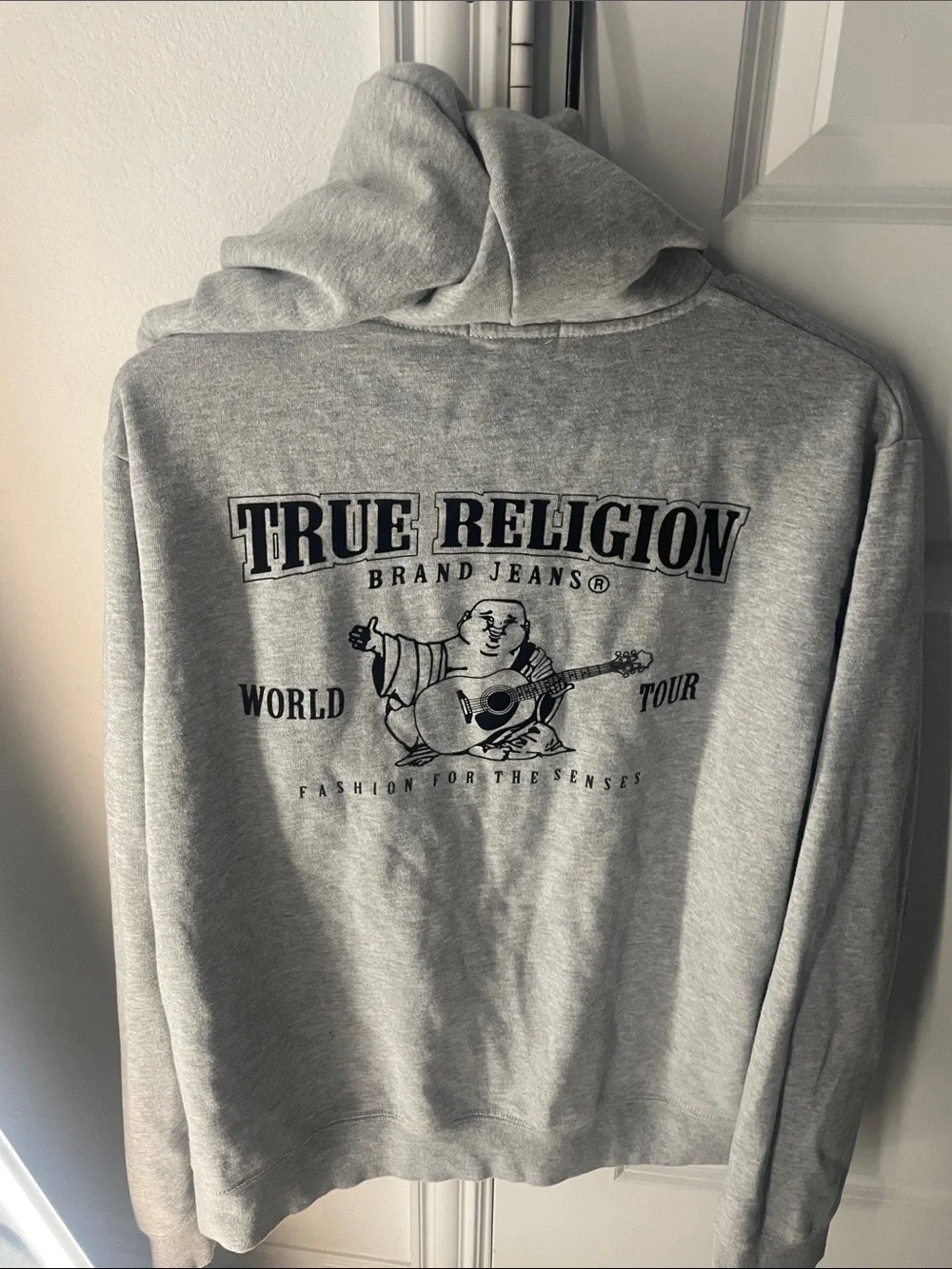 True Religion Light Heather Gray Full-Zip Hoodie with Black Horseshoe